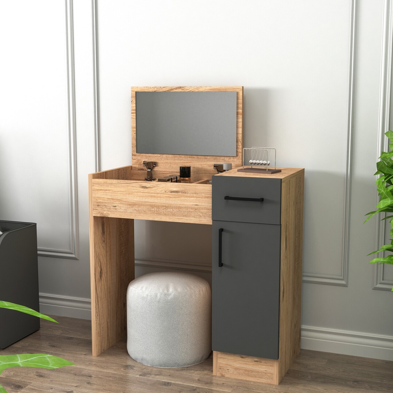 Masa de machiaj, Hanah Home, Inci, 77x108.8x37.3 cm, Pin Atlantic / Antracit - imagine 7